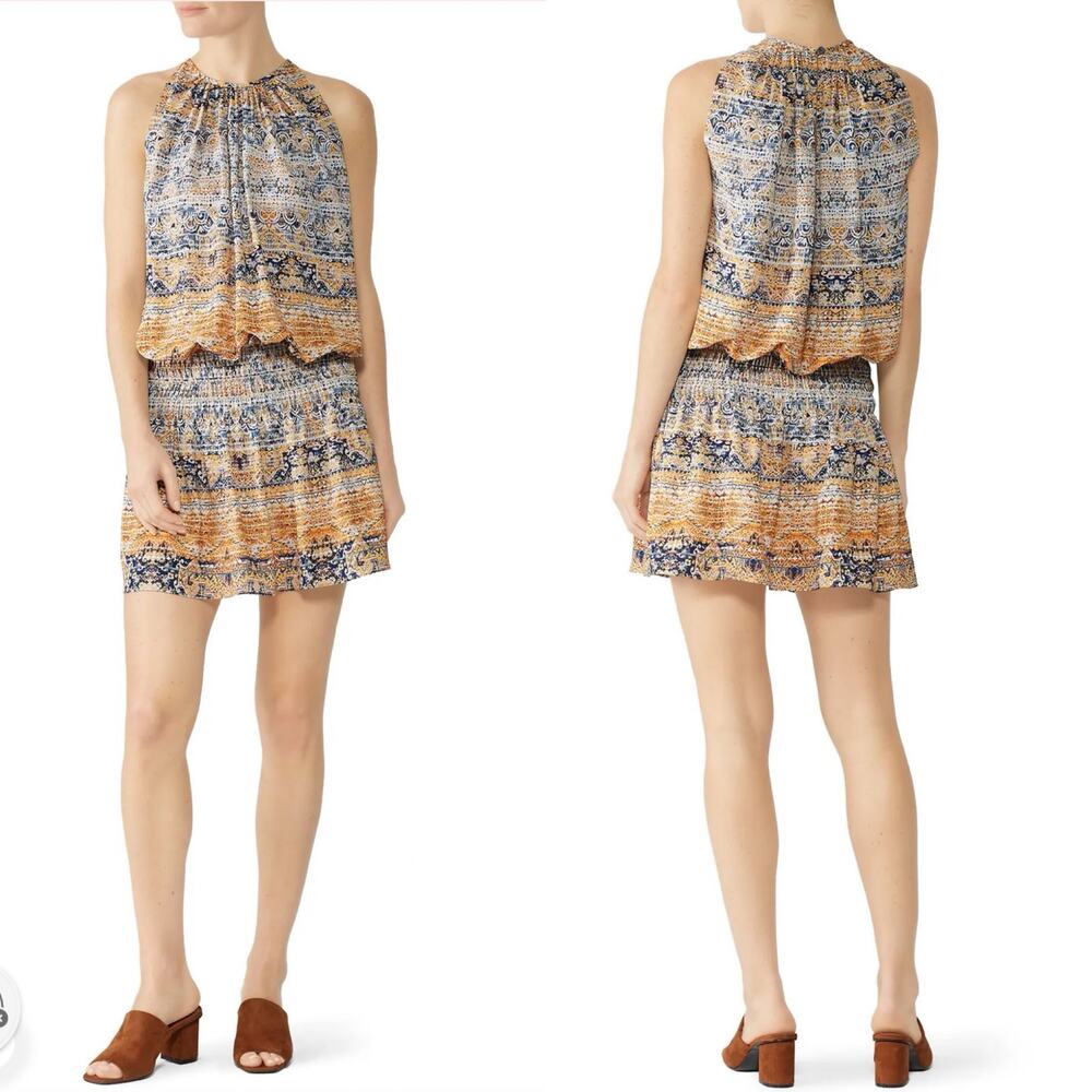 Ramy Brook Paris smocked waist boho printed mini dress Sz XS